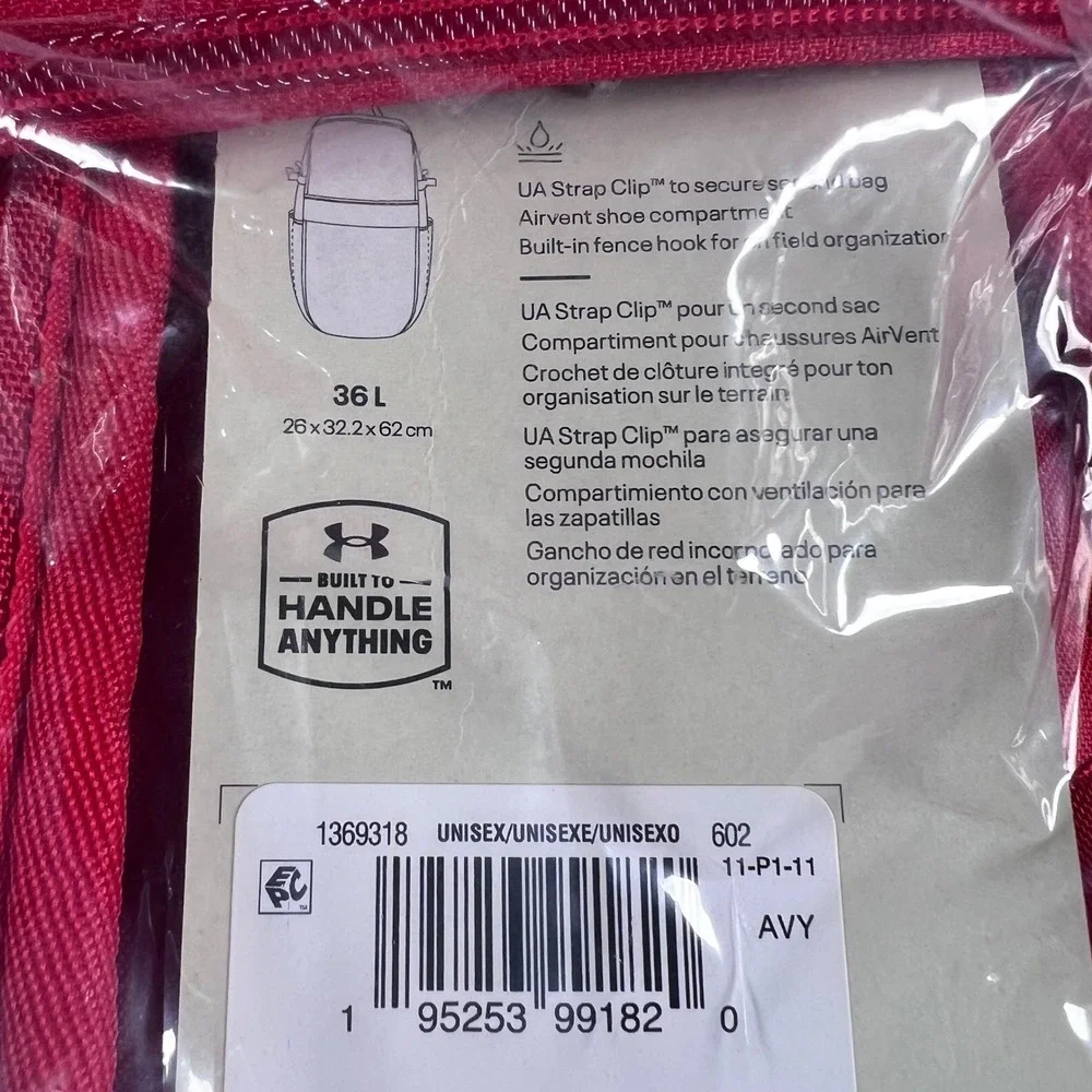 Under Armour Baseball Backpack Red UA Strap Clip Ventilated Shoe Compartment 36L